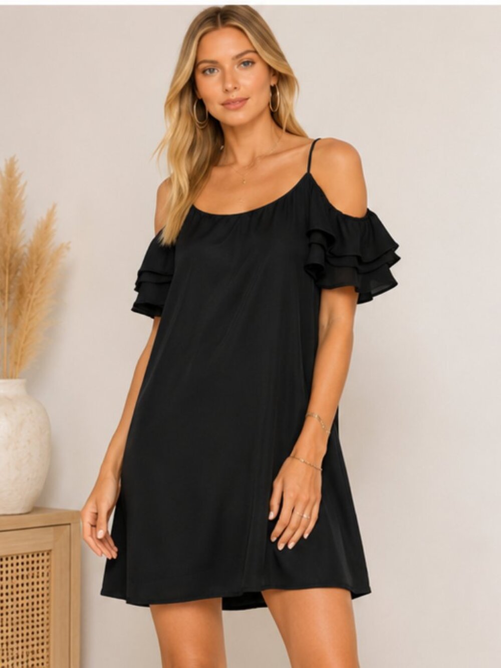NWT Krisa Black Ruffle Cold Shoulder Mini Dress M